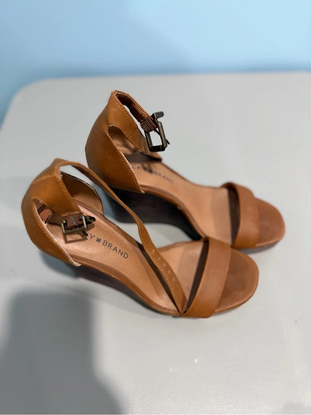 SOLD Lucky Brand Tan Leather Wedge Sandals - Picture 5 of 6